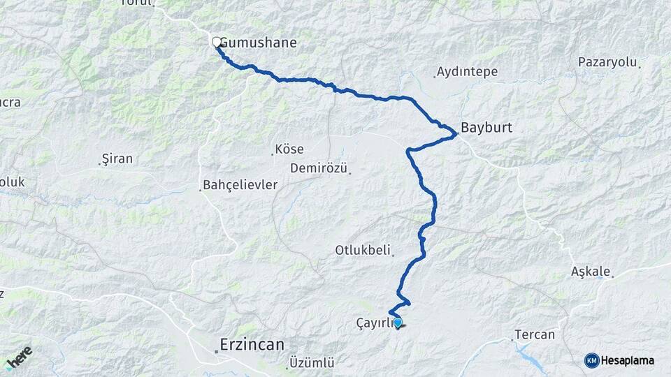 Erzincan Çayırlı Gümüşhane Arası Kaç Km - Yol Haritası