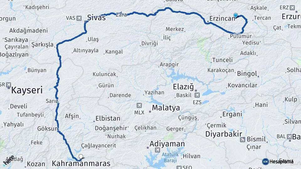 Erzincan Çayırlı Kahramanmaraş Arası Kaç Km - Yol Haritası