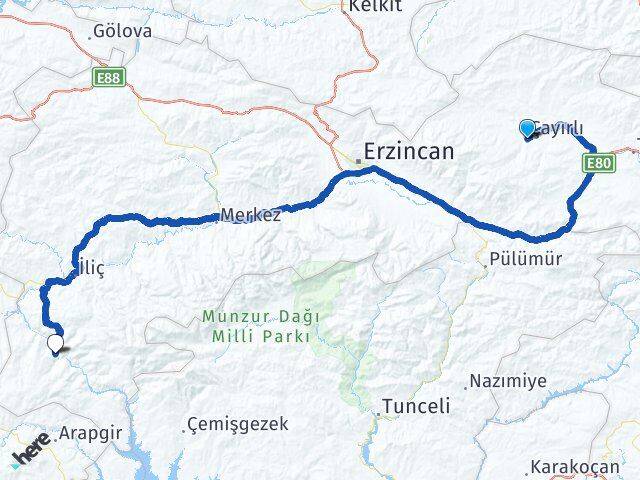 Erzincan Çayırlı Kemaliye Arası Kaç Km - Yol Haritası