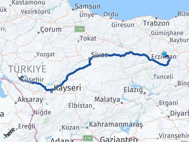 Erzincan Çayırlı Kırşehir Arası Kaç Km - Yol Haritası