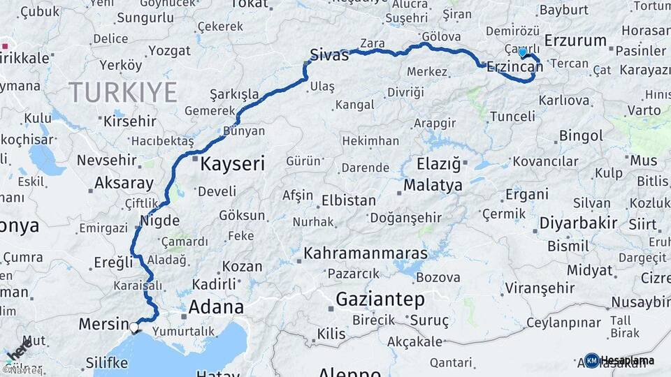 Erzincan Çayırlı Mersin Arası Kaç Km - Yol Haritası