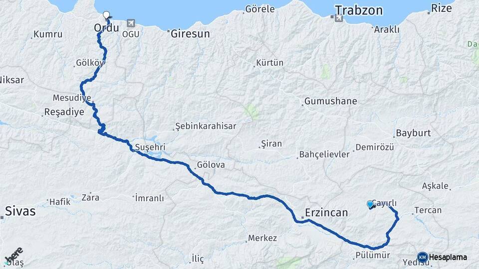 Erzincan Çayırlı Ordu Arası Kaç Km - Yol Haritası