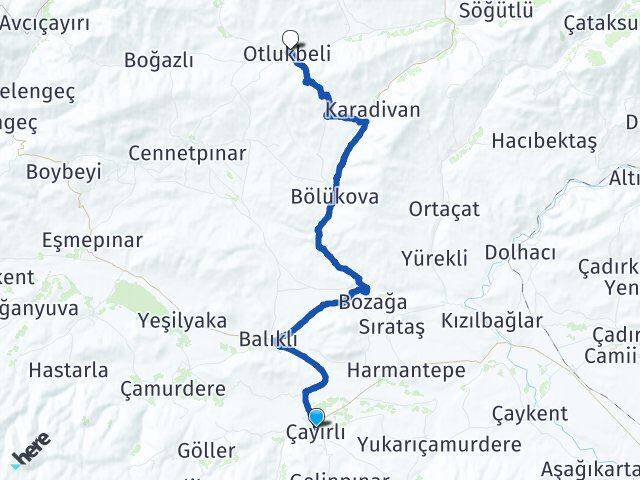 Erzincan Çayırlı Otlukbeli Arası Kaç Km - Yol Haritası
