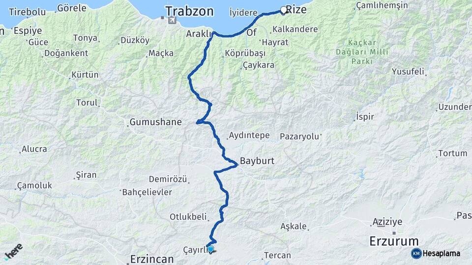 Erzincan Çayırlı Rize Arası Kaç Km - Yol Haritası