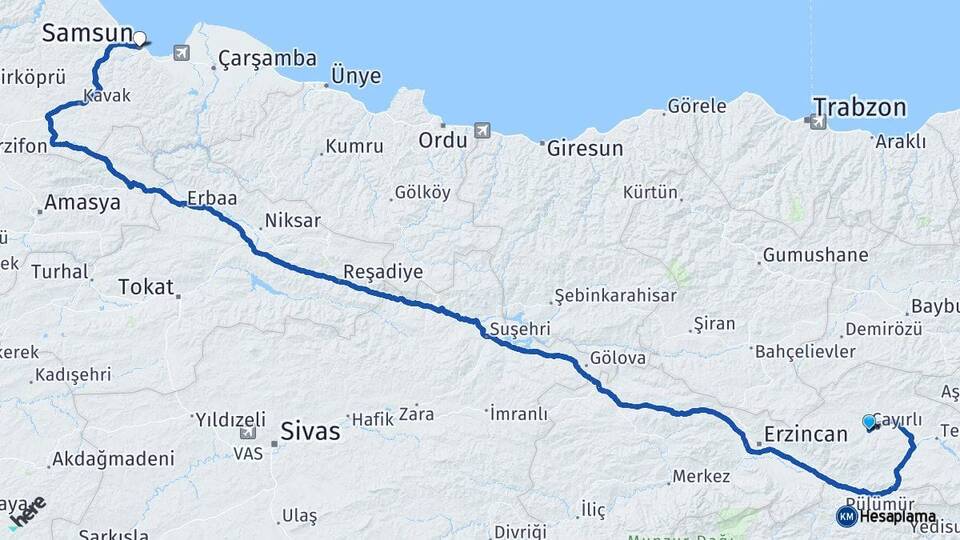 Erzincan Çayırlı Samsun Arası Kaç Km - Yol Haritası