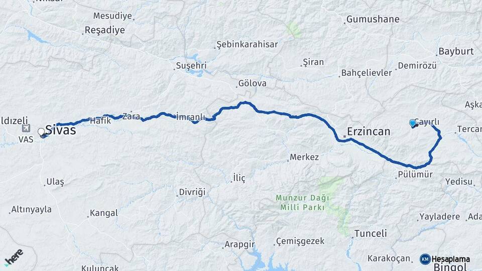 Erzincan Çayırlı Sivas Arası Kaç Km - Yol Haritası