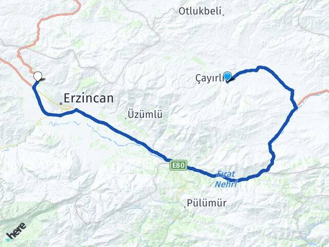 Erzincan Çayırlı Yalnızbağ Arası Kaç Km - Yol Haritası
