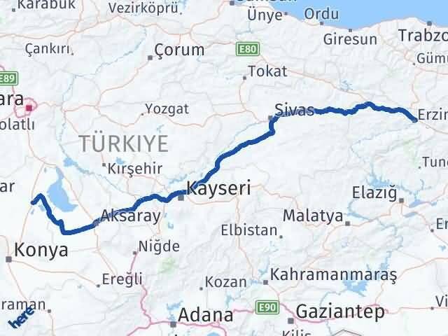 Erzincan Cihanbeyli Konya Arası Kaç Km - Yol Haritası