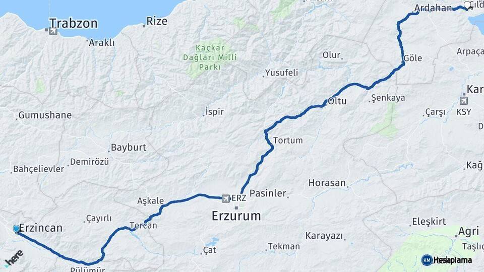 Erzincan Çıldır Ardahan Arası Kaç Km - Yol Haritası