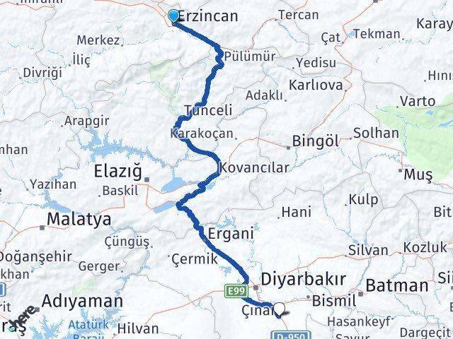 Erzincan Çınar Diyarbakır Arası Kaç Km - Yol Haritası