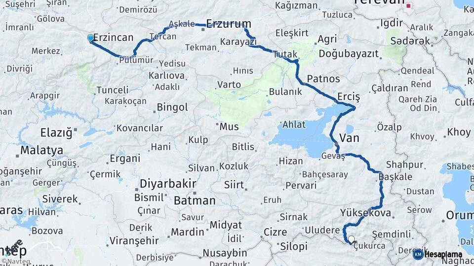 Erzincan Çukurca Hakkari Arası Kaç Km - Yol Haritası