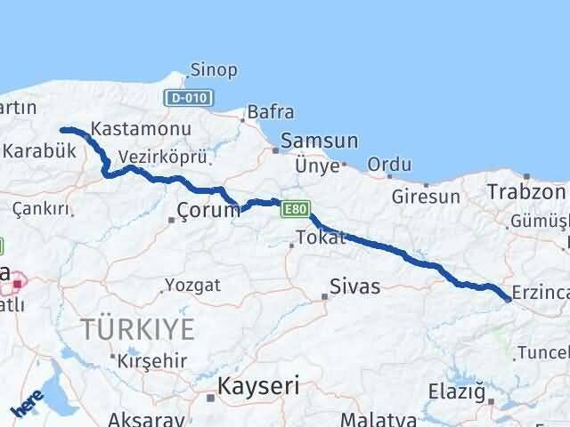 Erzincan Daday Kastamonu Arası Kaç Km - Yol Haritası