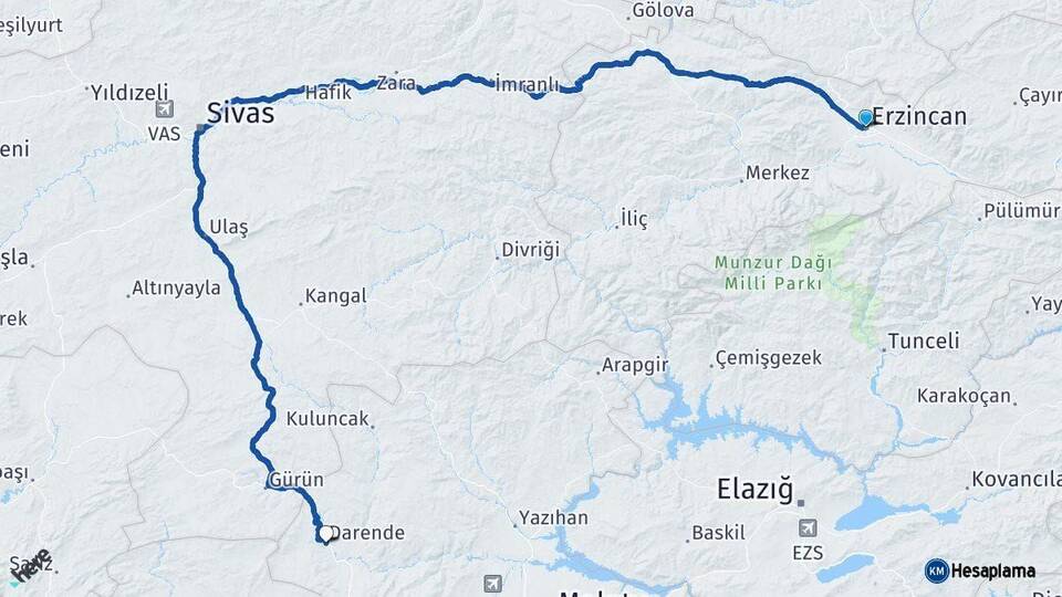 Erzincan Darende Malatya Arası Kaç Km - Yol Haritası