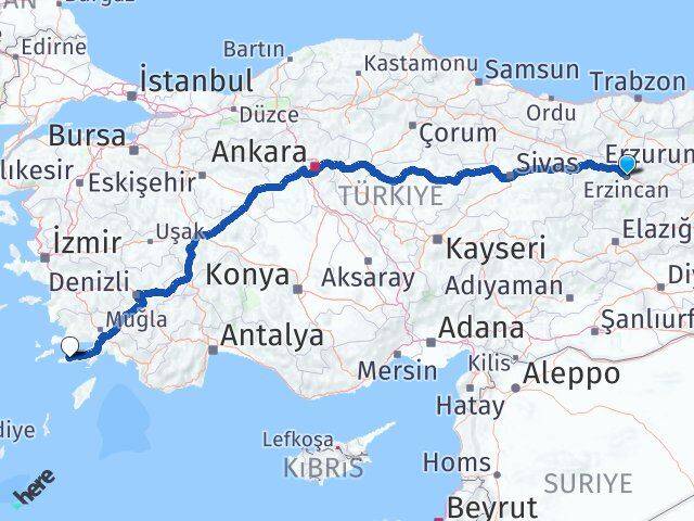 Erzincan Datça Muğla Arası Kaç Km - Yol Haritası