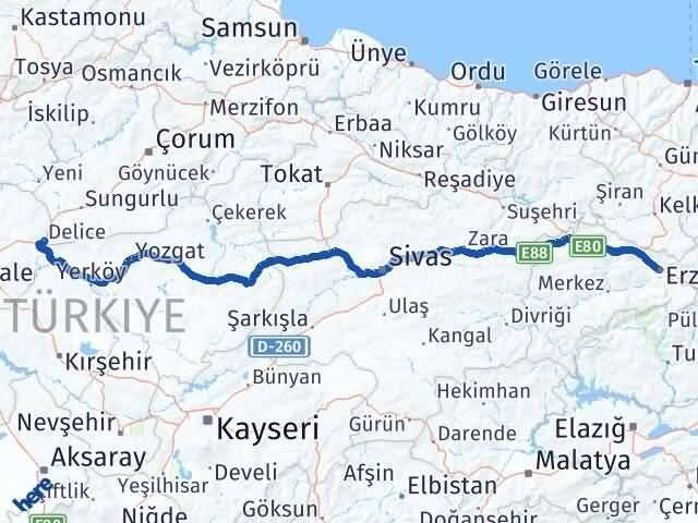 Erzincan Delice Kırıkkale Arası Kaç Km - Yol Haritası