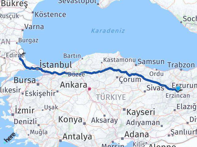 Erzincan Demirköy Kırklareli Arası Kaç Km - Yol Haritası