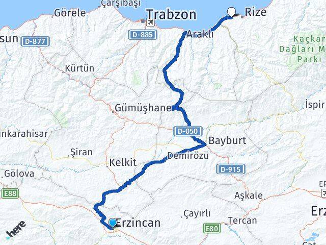 Erzincan Derepazarı Rize Arası Kaç Km - Yol Haritası