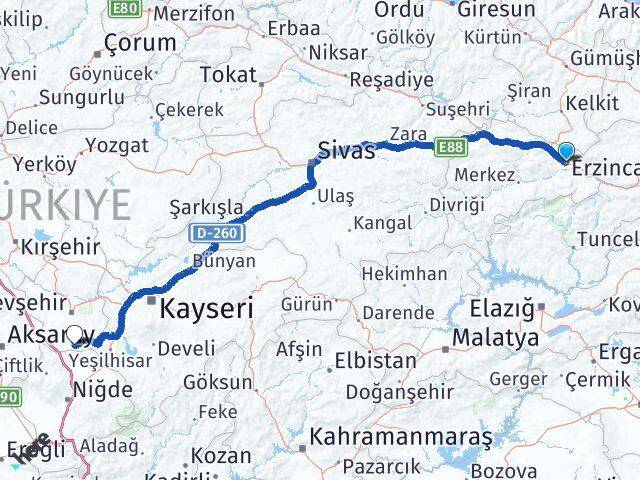Erzincan Derinkuyu Nevşehir Arası Kaç Km - Yol Haritası