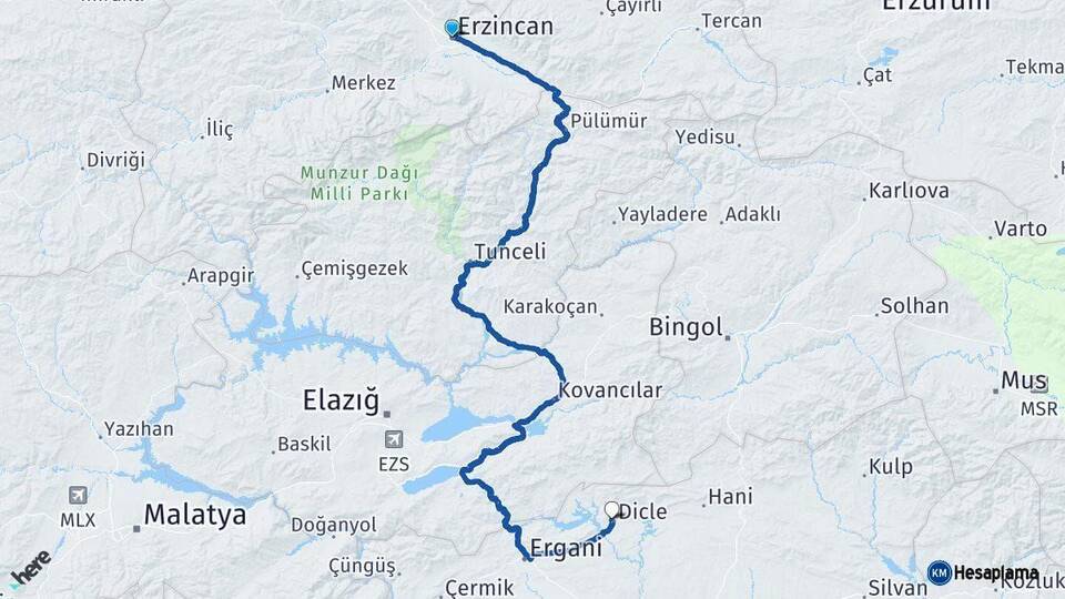 Erzincan Dicle Diyarbakır Arası Kaç Km - Yol Haritası