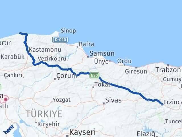 Erzincan Doğanyurt Kastamonu Arası Kaç Km - Yol Haritası