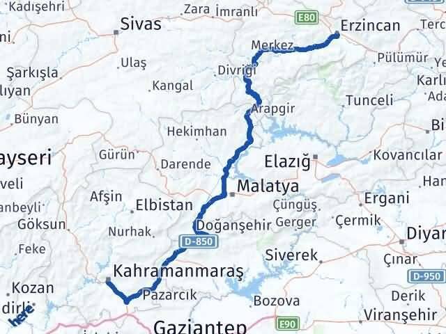Erzincan Dulkadiroğlu Kahramanmaraş Arası Kaç Km - Yol Haritası