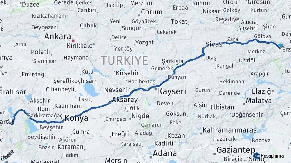 Erzincan Eğirdir Isparta Arası Kaç Km - Yol Haritası