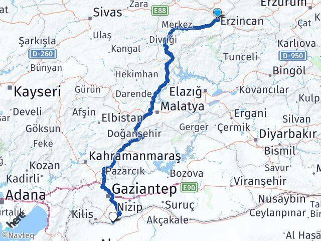 Erzincan Elbeyli Kilis Arası Kaç Km - Yol Haritası