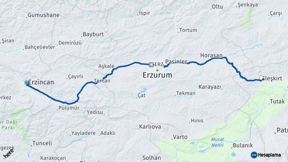 Erzincan Eleşkirt Ağrı Arası Kaç Km - Yol Haritası