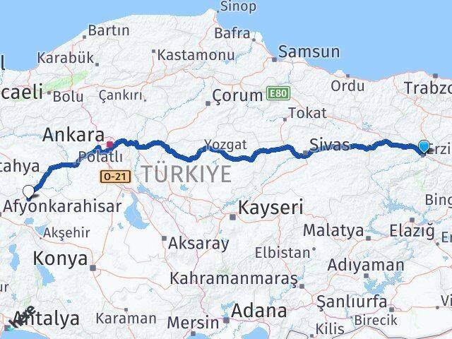 Erzincan Emirdağ Afyonkarahisar Arası Kaç Km - Yol Haritası