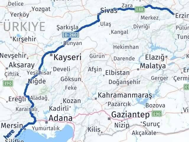 Erzincan Erdemli Mersin Arası Kaç Km - Yol Haritası