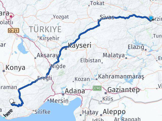 Erzincan Ermenek Karaman Arası Kaç Km - Yol Haritası