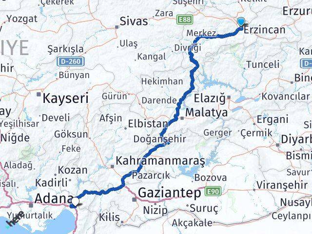 Erzincan Erzin Hatay Arası Kaç Km - Yol Haritası