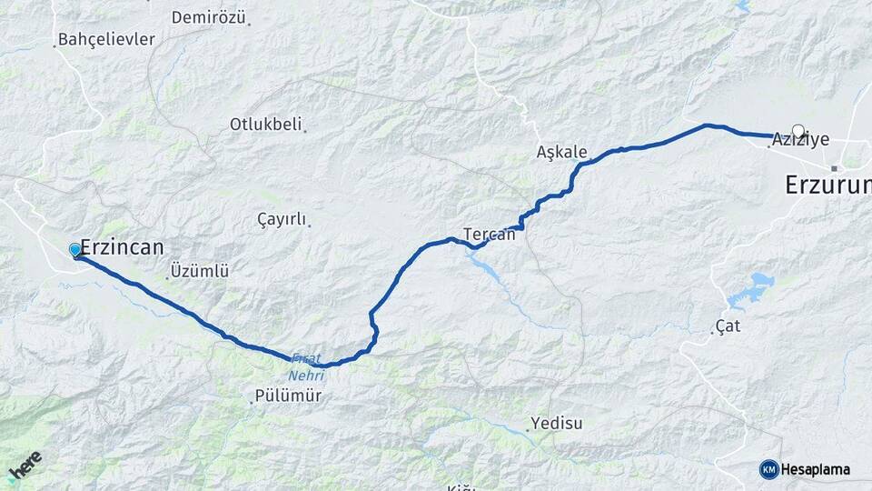 Erzincan Erzurum Havalimanı Arası Kaç Km - Yol Haritası