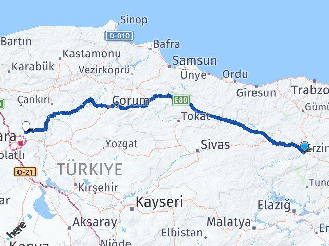 Erzincan Esenboğa Havalimanı Arası Kaç Km - Yol Haritası