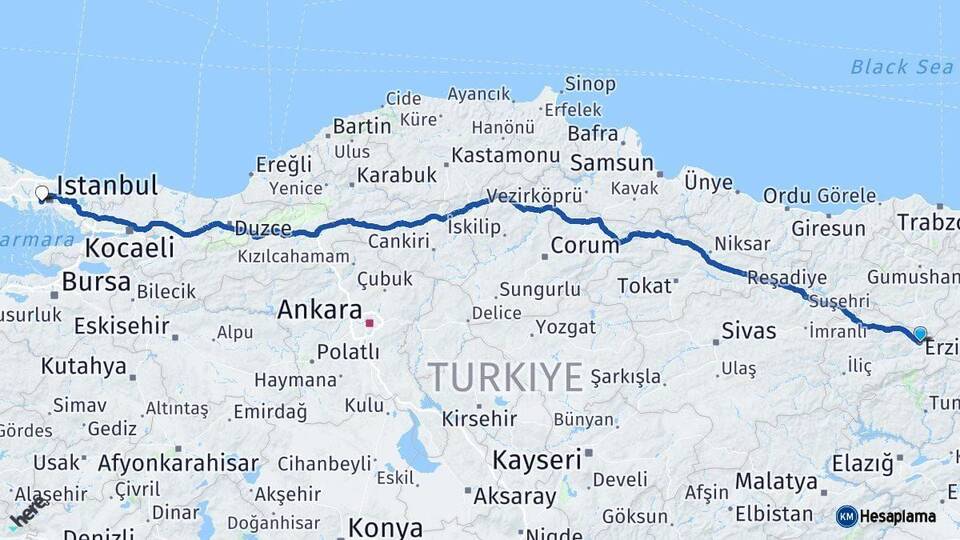 Erzincan Esenler İstanbul Arası Kaç Km - Yol Haritası