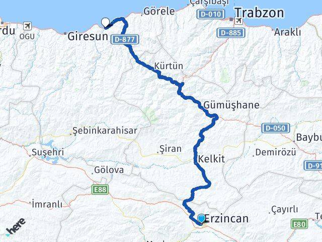 Erzincan Espiye Giresun Arası Kaç Km - Yol Haritası