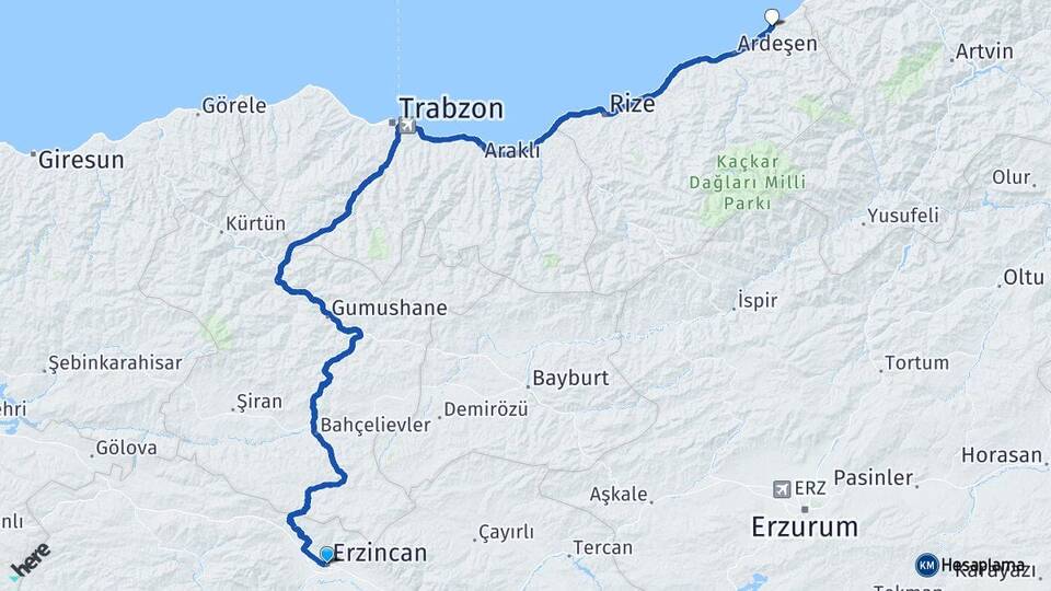 Erzincan Fındıklı Rize Arası Kaç Km - Yol Haritası