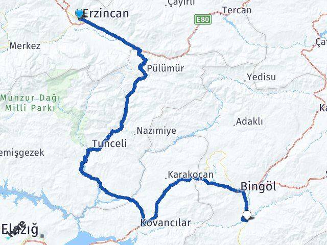 Erzincan Genç Bingöl Arası Kaç Km - Yol Haritası