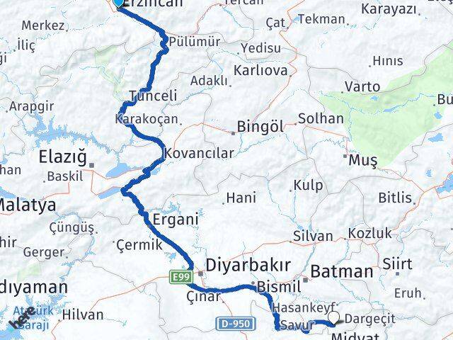 Erzincan Gercüş Batman Arası Kaç Km - Yol Haritası