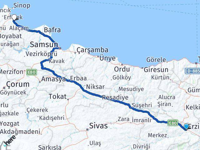 Erzincan Gerze Sinop Arası Kaç Km - Yol Haritası
