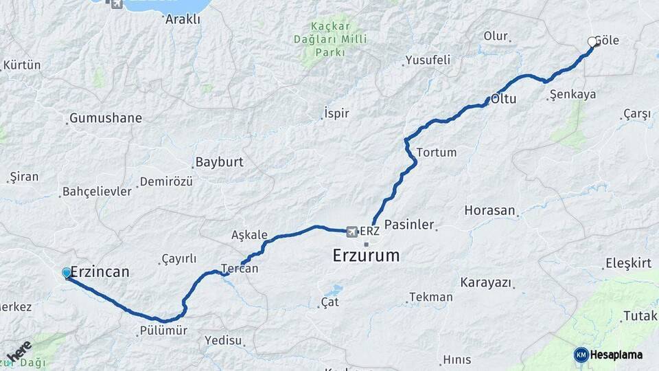 Erzincan Göle Ardahan Arası Kaç Km - Yol Haritası