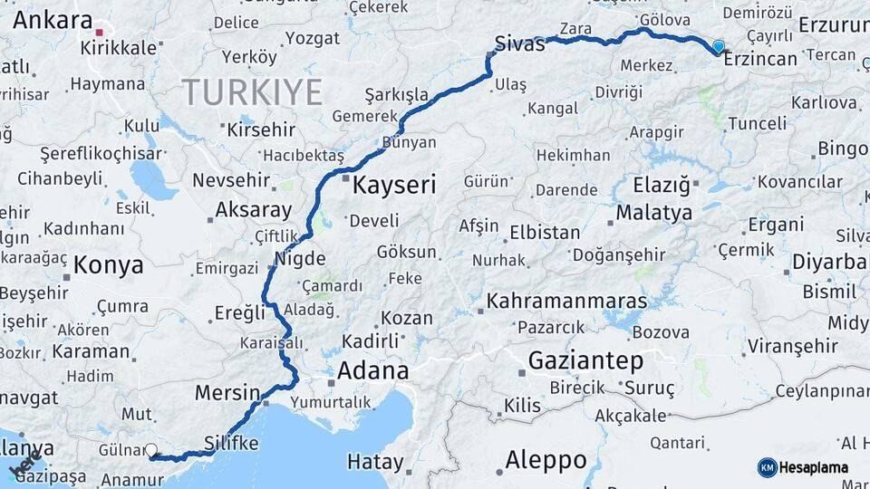 Erzincan Gülnar Mersin Arası Kaç Km - Yol Haritası
