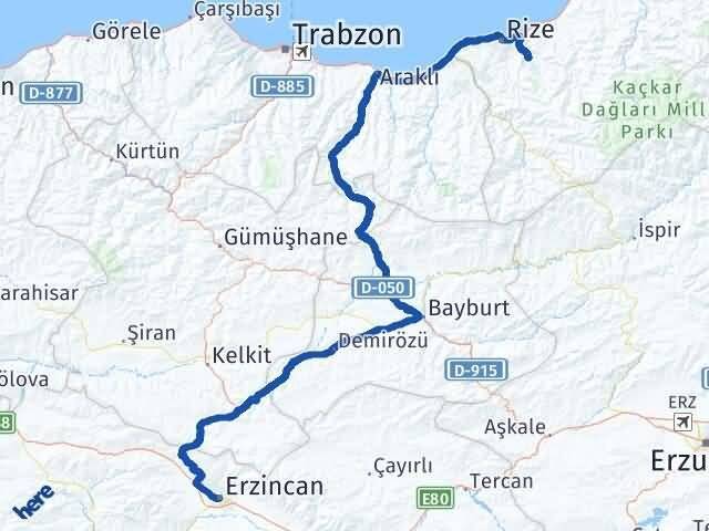 Erzincan Güneysu Rize Arası Kaç Km - Yol Haritası