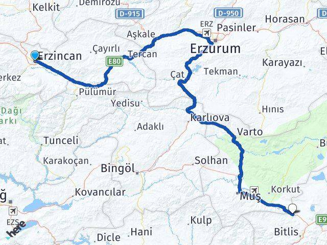 Erzincan Güroymak Bitlis Arası Kaç Km - Yol Haritası
