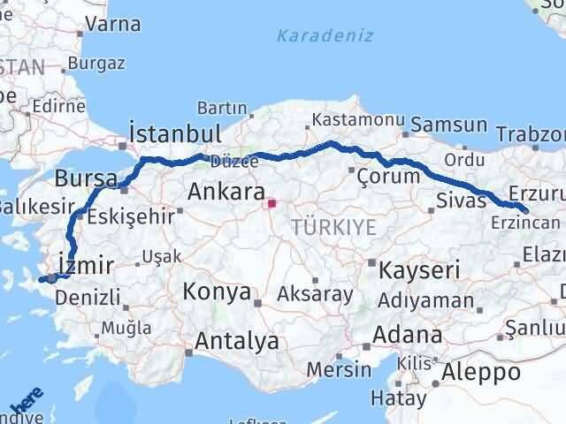 Erzincan Güzelbahçe İzmir Arası Kaç Km - Yol Haritası