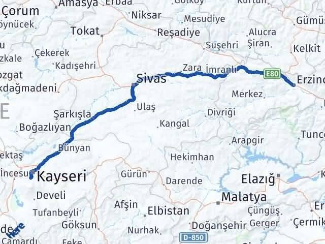 Erzincan Hacılar Kayseri Arası Kaç Km - Yol Haritası