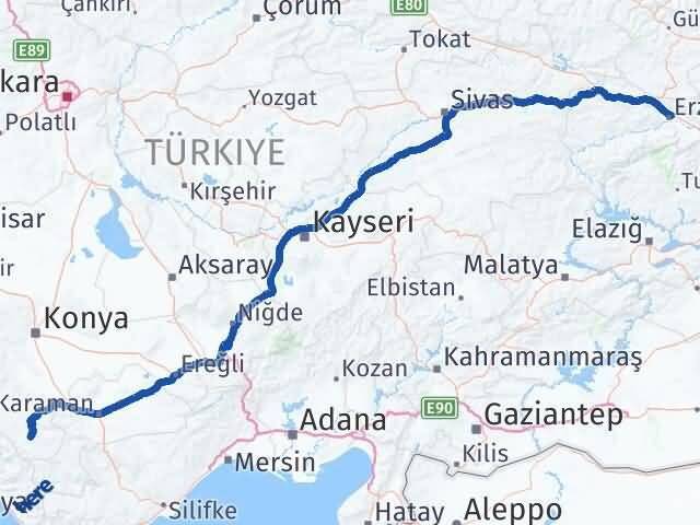 Erzincan Hadim Konya Arası Kaç Km - Yol Haritası