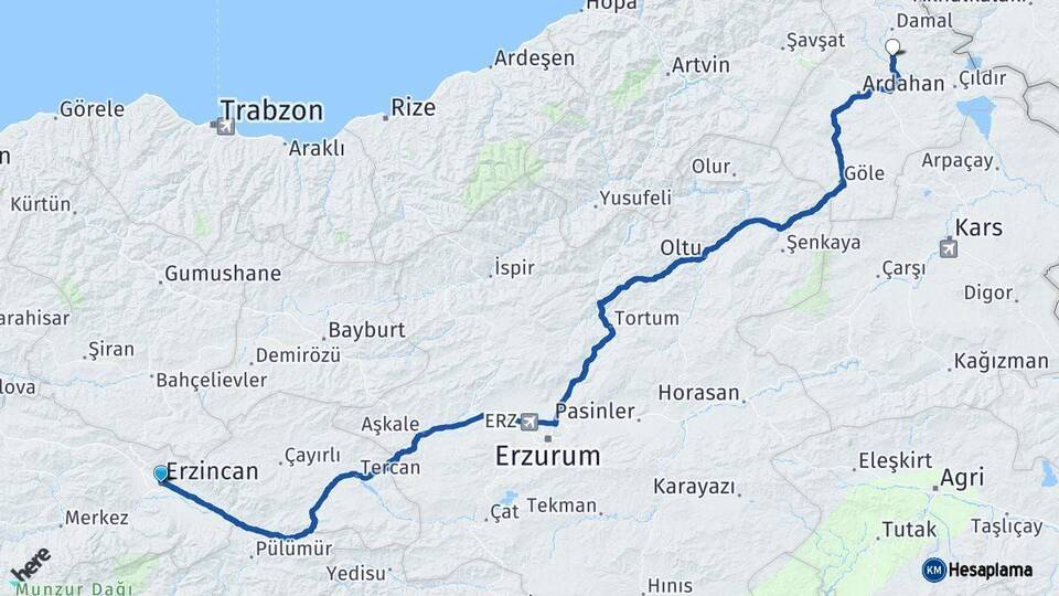 Erzincan Hanak Ardahan Arası Kaç Km - Yol Haritası