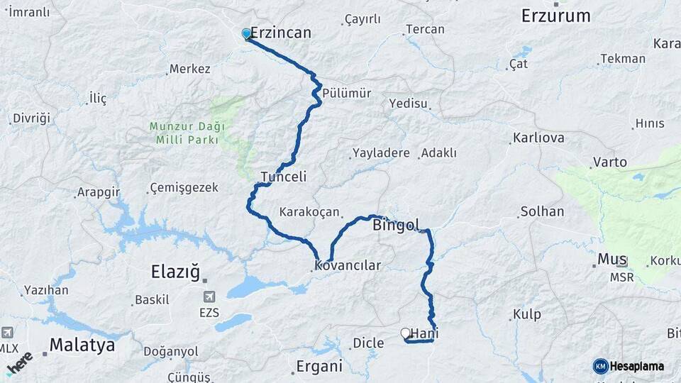 Erzincan Hani Diyarbakır Arası Kaç Km - Yol Haritası