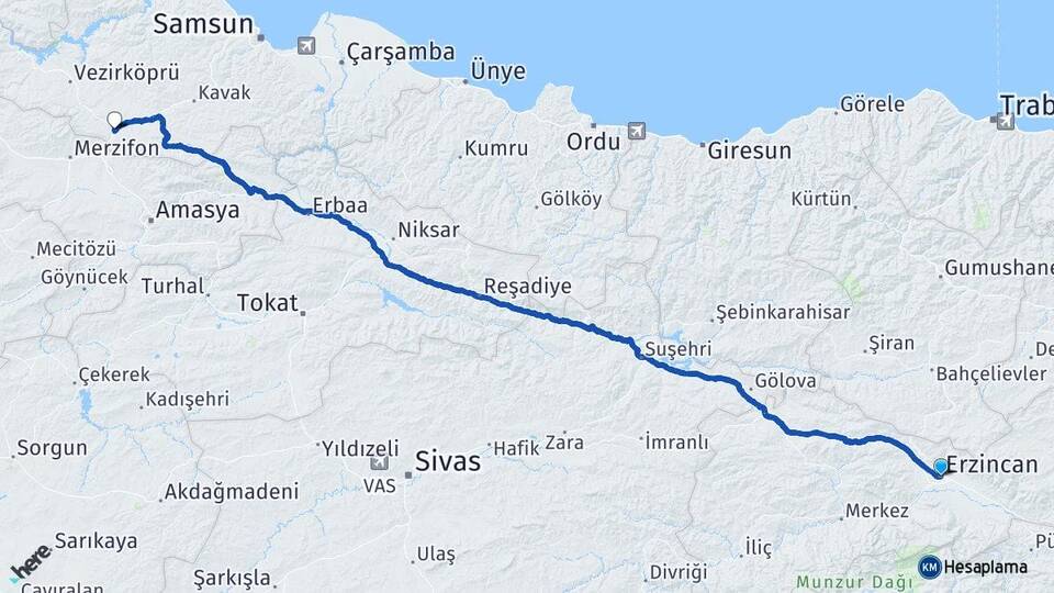 Erzincan Havza Samsun Arası Kaç Km - Yol Haritası
